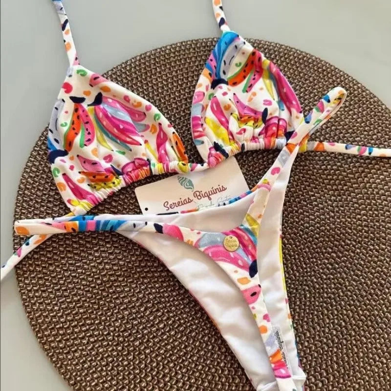 2025 Women's Bikini Swimsuit Women's Split Solid Color Lace-up Sexy Swimsuit 2-piece Set Micro Swimwear